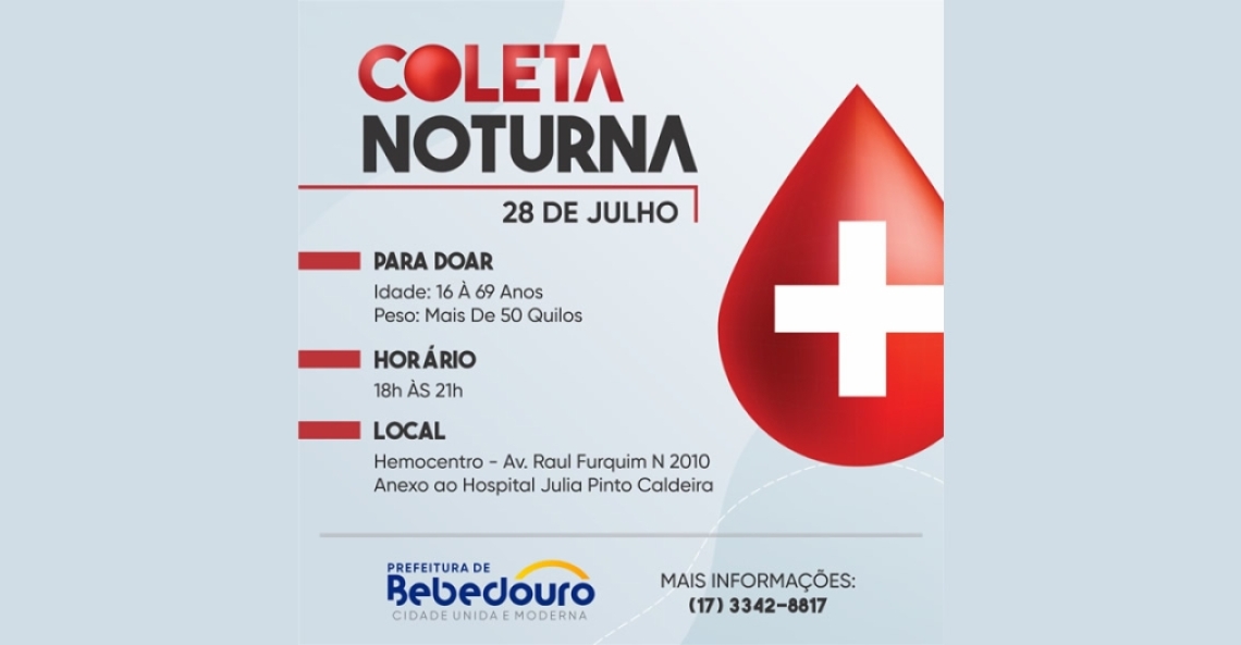 Hemocentro realizará coleta noturna na segunda 28/07