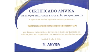 Vigilância Sanitária de Bebedouro recebe certificação nacional de destaque em Gestão da Qualidade da Anvisa